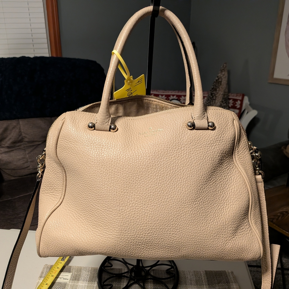 Handheld Leather Satchel Bag - Beige
